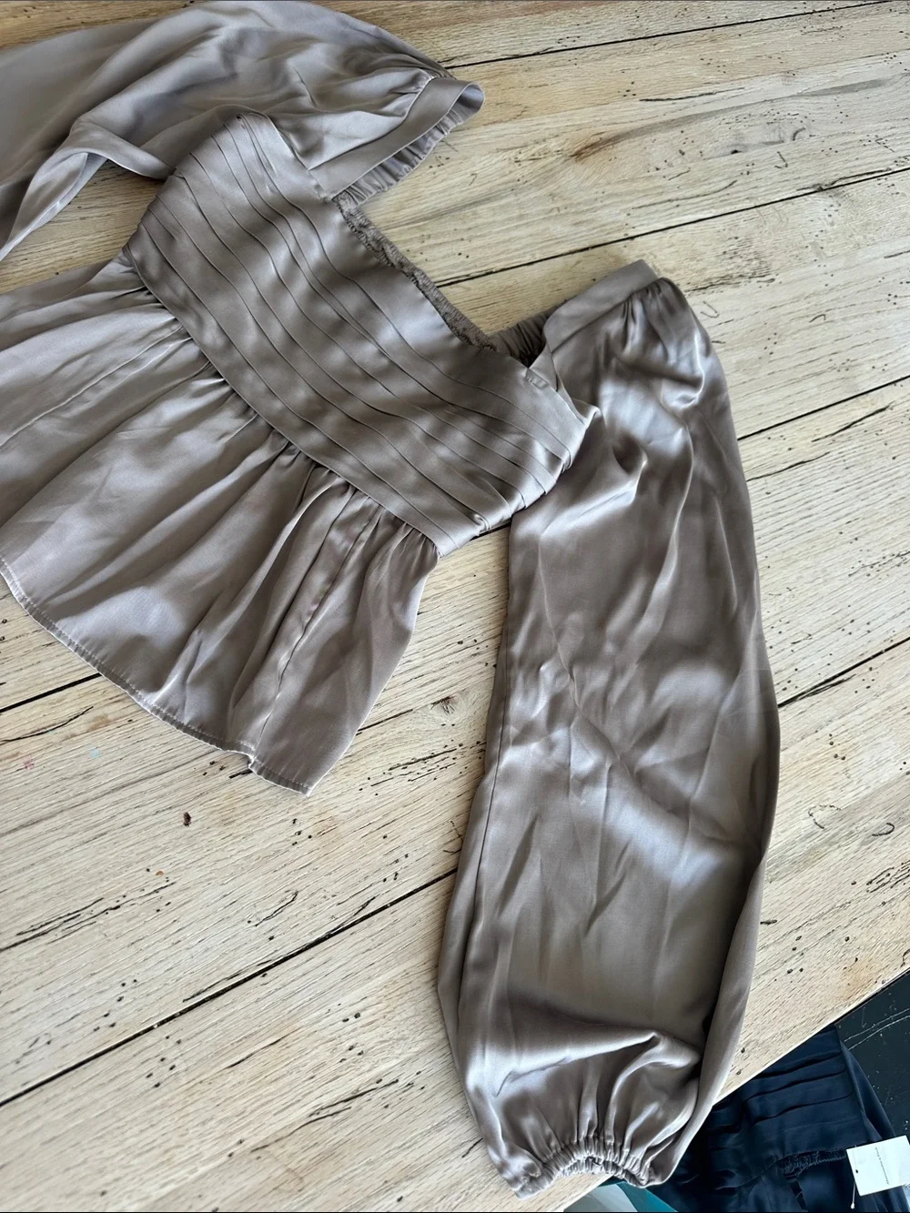 Abercrombie & Fitch Satin Pleated Square-Neck Blouse in Taupe